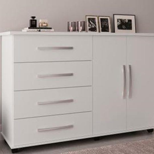 comoda com 2 portas e 4 gavetas com rodinhas moveis primus pronta entrega branca