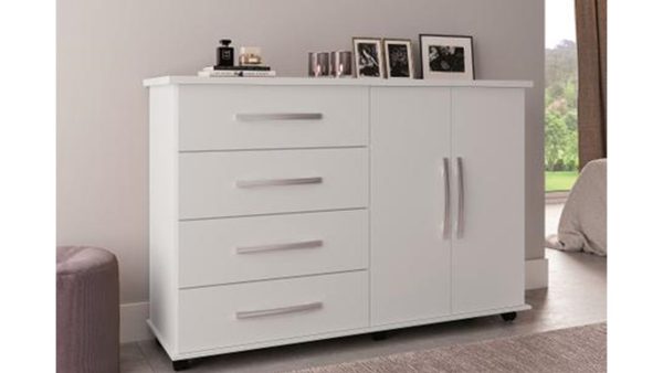 comoda com 2 portas e 4 gavetas com rodinhas moveis primus pronta entrega branca